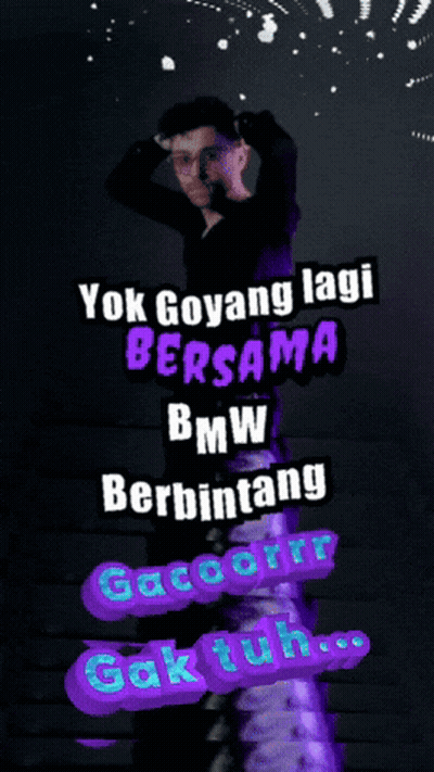 A Man Is Standing In Front Of A Sign That Says " Yok Goyang Lagi Bersama " GIF