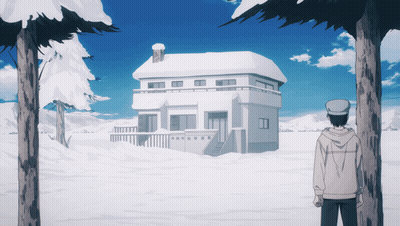 A Man Is Standing In Front Of A Snowy House GIF
