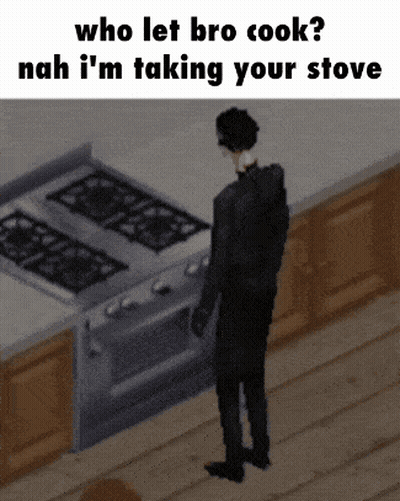 A Man Is Standing In Front Of A Stove With The Words Who Let Bro Cook Nah I 'M Taking Your Stove Below Him GIF
