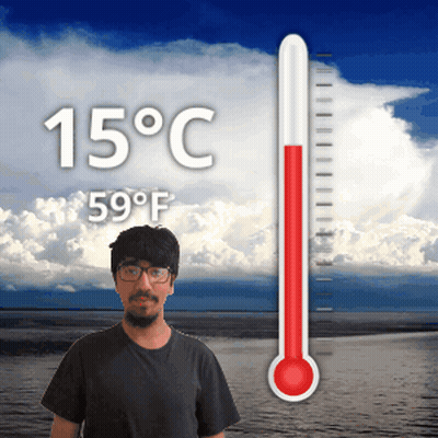 A Man Is Standing In Front Of A Thermometer That Reads 15 Degrees C GIF