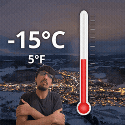 A Man Is Standing In Front Of A Thermometer That Reads 15 Degrees Celsius GIF