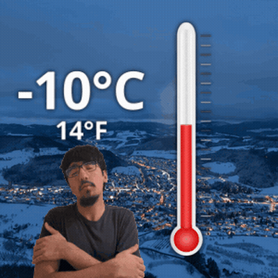 A Man Is Standing In Front Of A Thermometer That Says -10 Degrees Celsius GIF
