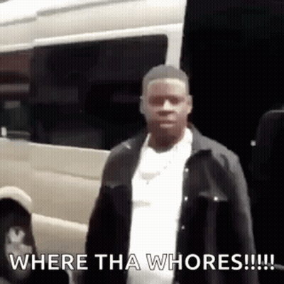 A Man Is Standing In Front Of A Van And Saying `` Where The Whores ! '' GIF