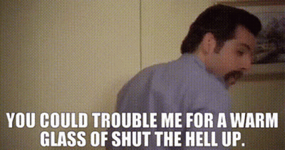 A Man Is Standing In Front Of A Wall With The Words " You Could Trouble Me For A Warm Glass Of Shut The Hell Up " On It GIF