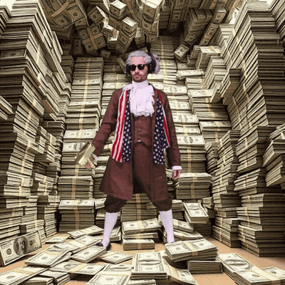 A Man Is Standing In Front Of Stacks Of Money With One Of The Stacks Saying 100 GIF