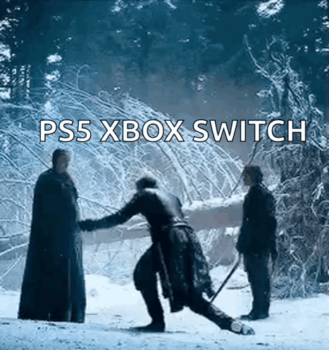 A Man Is Standing In The Snow Holding A Sword While Another Man Stands Behind Him . GIF