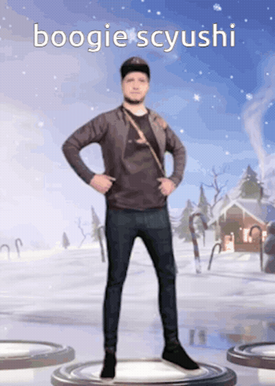 A Man Is Standing In The Snow With His Hands On His Hips And The Words Boogie Scyushi Written Above Him GIF