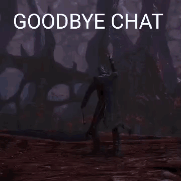 A Man Is Standing In The Water With A Sword In His Hand And The Words `` Goodbye Chat '' Written Above Him . GIF