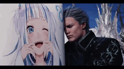 A Man Is Standing Next To A Drawing Of A Girl Making A Heart With Her Mouth . GIF