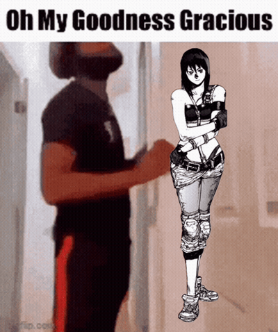 A Man Is Standing Next To A Drawing Of A Girl With The Words Oh My Goodness Gracious GIF