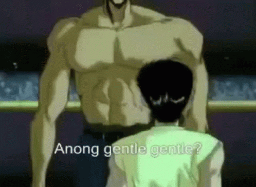 A Man Is Standing Next To A Muscular Man In A Cartoon And Asking Him If He Is Gentle Gentle . GIF