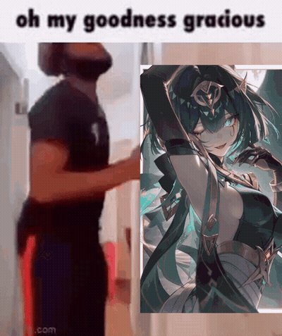 A Man Is Standing Next To A Picture Of A Girl With The Words Oh My Goodness Gracious GIF