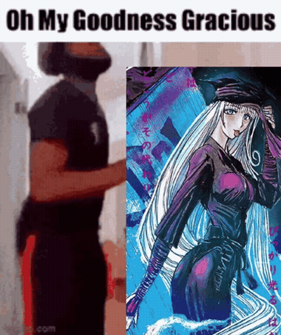 A Man Is Standing Next To A Picture Of A Woman With Long White Hair And A Caption That Says Oh My Goodness Gracious GIF