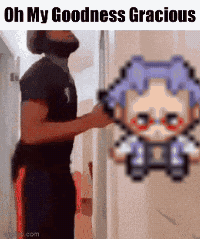 A Man Is Standing Next To A Pixelated Character That Says Oh My Goodness Gracious . GIF
