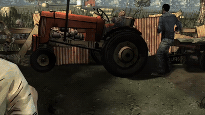 A Man Is Standing Next To A Red Tractor GIF