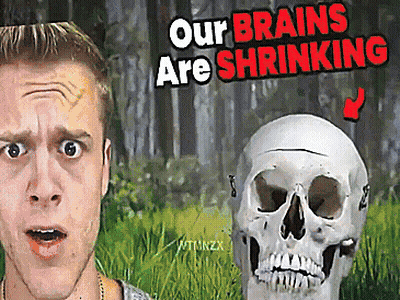 A Man Is Standing Next To A Skull With The Words Our Brains Are Shrinking Above Him GIF