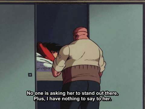 A Man Is Standing Next To A Woman In A Closet And Says No One Is Asking Her To Stand Out GIF