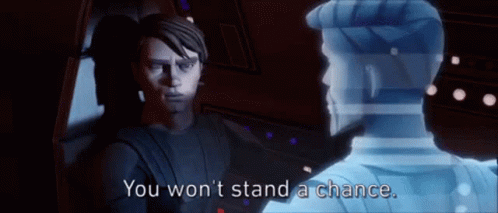 A Man Is Standing Next To Another Man With The Words `` You Won 'T Stand A Chance '' Written On The Screen . GIF
