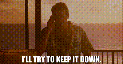 A Man Is Standing On A Balcony Talking On A Cell Phone And Saying `` I 'Ll Try To Keep It Down '' GIF