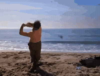 A Man Is Standing On A Beach Looking Out To The Ocean . GIF