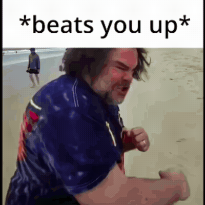 A Man Is Standing On A Beach With The Words * Beats You Up * On The Bottom GIF