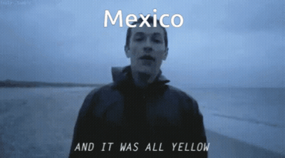 A Man Is Standing On A Beach With The Words Mexico And It Was All Yellow GIF