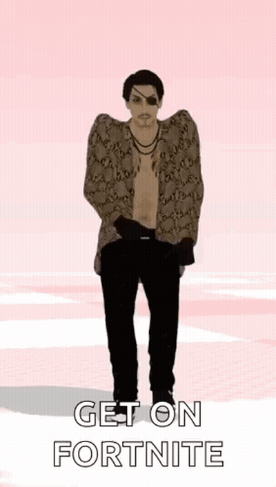 A Man Is Standing On A Pink Background With The Words `` Get On Fortnite '' Written On It . GIF
