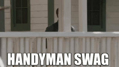 A Man Is Standing On A Porch With The Words `` Handyman Swag '' Written In White Letters . GIF