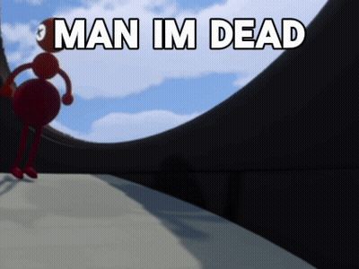 A Man Is Standing On A Ramp With The Words " Man Im Dead " Below Him GIF