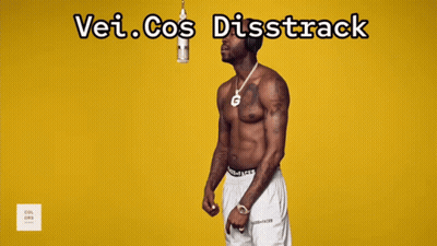 A Man Is Standing On A Red Mat In Front Of A Yellow Wall With The Words " Vei Cos Distrack " Written Above Him GIF