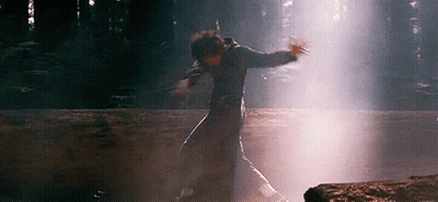 A Man Is Standing On A Rock In The Woods With His Arms Outstretched In The Dark . GIF
