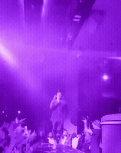 A Man Is Standing On A Stage In Front Of A Crowd In A Purple Room . GIF