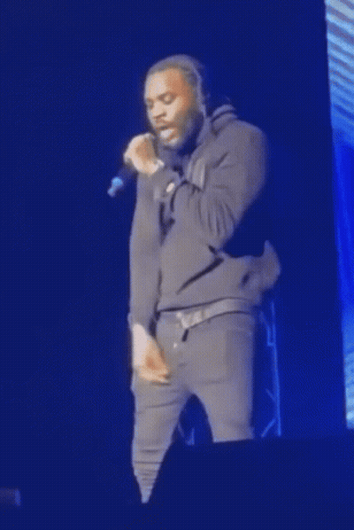 A Man Is Standing On A Stage Singing Into A Microphone . GIF