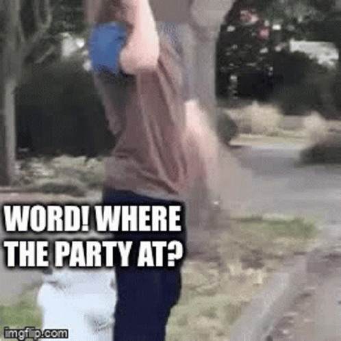 A Man Is Standing On The Side Of The Road Holding A Frisbee And Asking Where The Party Is . GIF