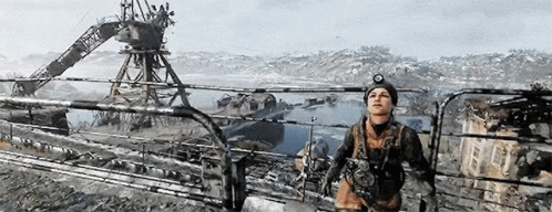 A Man Is Standing On Top Of A Fence Overlooking A Body Of Water In A Video Game . GIF