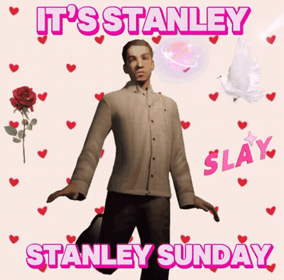 A Man Is Surrounded By Hearts And The Words It 'S Stanley Sunday GIF