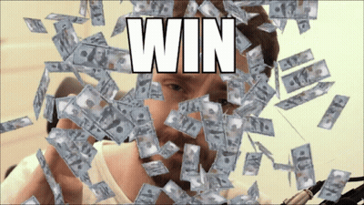 A Man Is Surrounded By Money And The Word Win Is Visible GIF