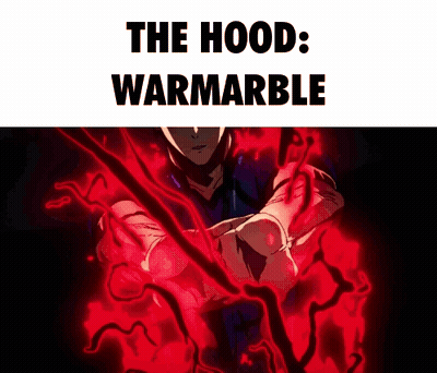 A Man Is Surrounded By Red Flames And The Words `` The Hood : Warmarble '' . GIF