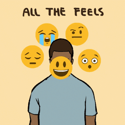 A Man Is Surrounded By Smiley Faces And The Words All The Feels Are Above Him GIF