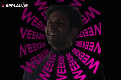A Man Is Surrounded By The Words Weekend On His Shirt GIF