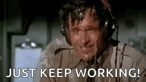 A Man Is Sweating While Wearing Headphones And Says `` Just Keep Working ! '' GIF