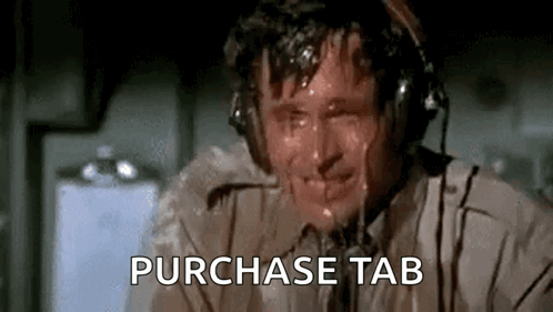 A Man Is Sweating While Wearing Headphones And The Words `` Purchase Tab '' Are On The Screen . GIF
