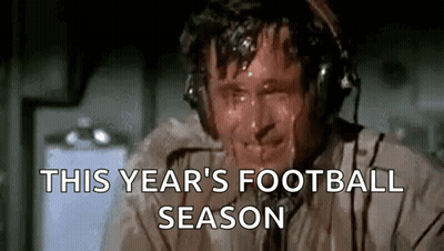 A Man Is Sweating While Wearing Headphones And The Words `` This Year 'S Football Season '' Are Written Above Him . GIF