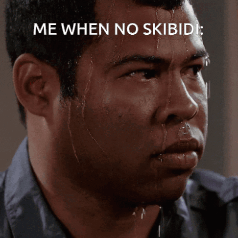 A Man Is Sweating With The Words Me When No Skibidi Written Above Him GIF