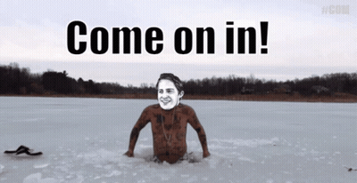 A Man Is Swimming In A Lake With The Words Come On In GIF