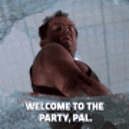 A Man Is Swimming In A Pool With The Words `` Welcome To The Party , Pal '' Written On It . GIF