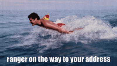 A Man Is Swimming In The Ocean With The Words " Ranger On The Way To Your Address " Above Him GIF