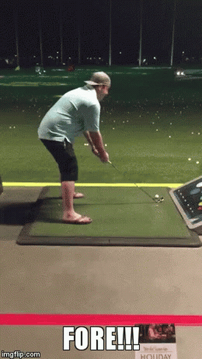 A Man Is Swinging A Golf Club At A Golf Ball And The Caption Says Fore !!! GIF