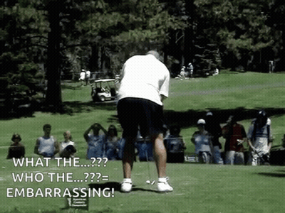 A Man Is Swinging A Golf Club On A Golf Course And Says What The Who The And Embarrassed GIF