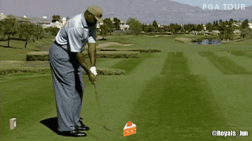 A Man Is Swinging A Golf Club On A Golf Course With The Words Pga Tour Visible In The Background GIF